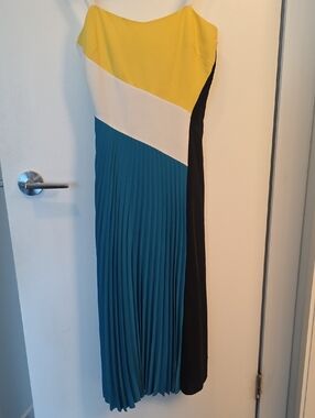 Hugo Boss Colorblock Pleated Maxi Dress in Yellow, White, Teal & Black